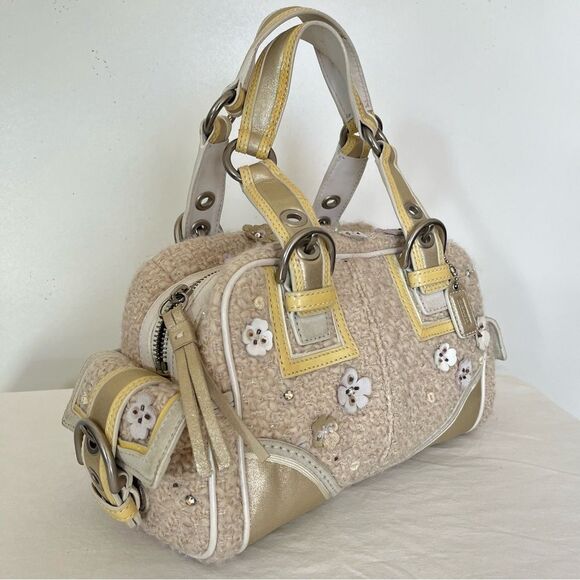 Coach 10071 Tweed Soho Boston Baguette Floral Applique Metallic Leather Bag RARE - Picture 2 of 13